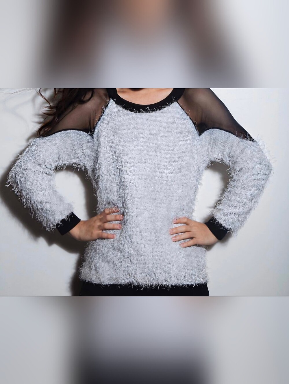 Women's White Fuzzy Sweater with Sheer Shoulder Detail
